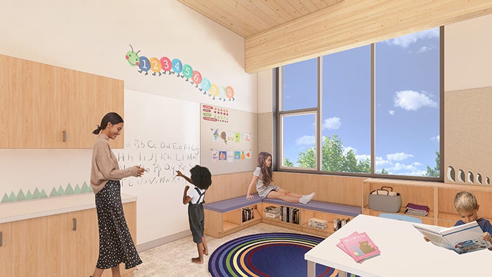an architects drawing of a classroom with an adult and a child at a white board