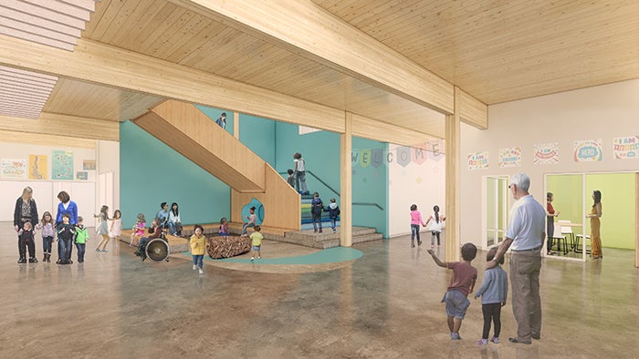 an architect's drawing of a large open space with stairs and a few people