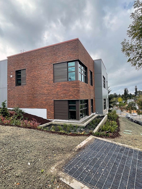 a brick building with a garden has dirt sprayed with greenish gray material