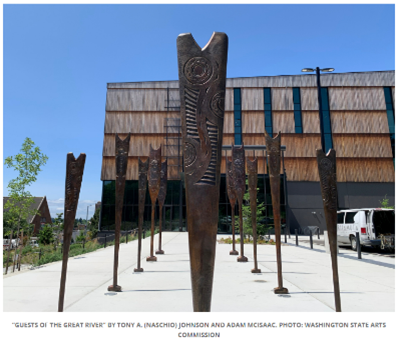 photo of canoe paddles in front of the Burke Museum in Seattle