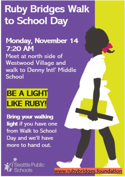 Image of Ruby Bridges walking with text that shows date and time of the event (November 14, 7:20AM)