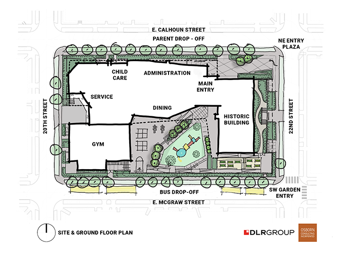 a site plan drawing of a u-shaped building with a courtyard