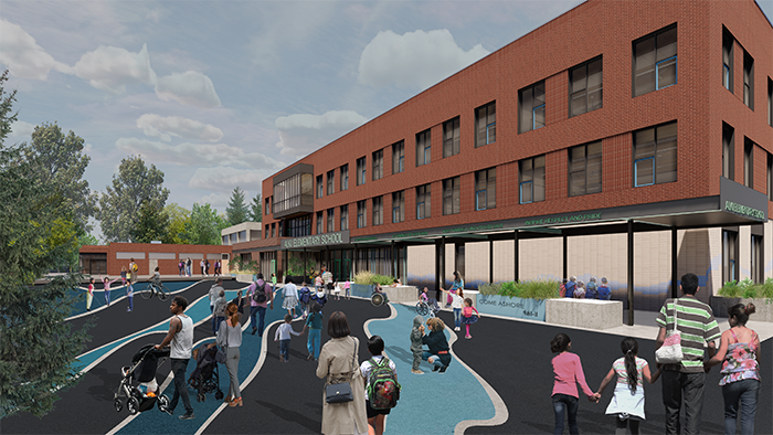 an architect's drawing of a three story brick building with an open area that has people on it