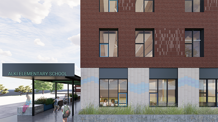 architect's drawing of part of a brick building with a canopy
