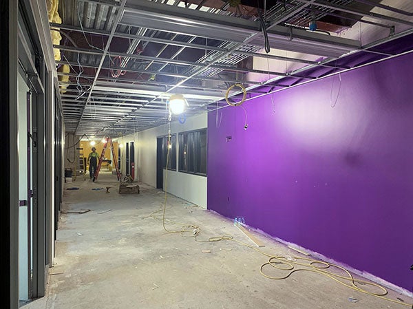 a purple wall in a hallway under construction