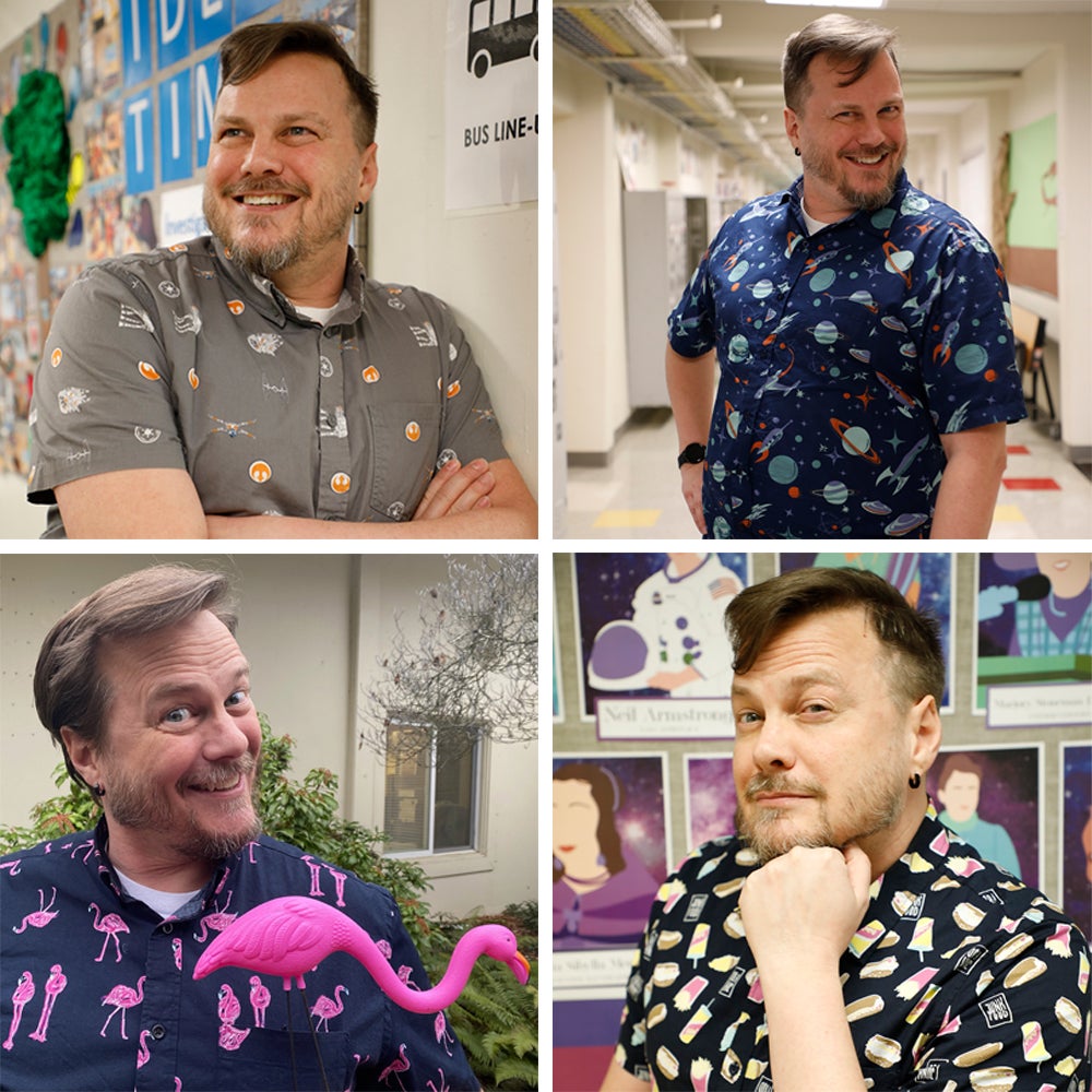 four photos of Andrew Zillig in different shirts