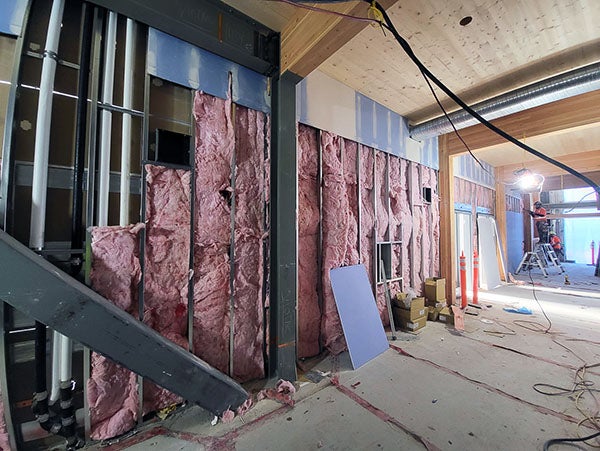 pink insulation shows between metal studs with some wallboard above it