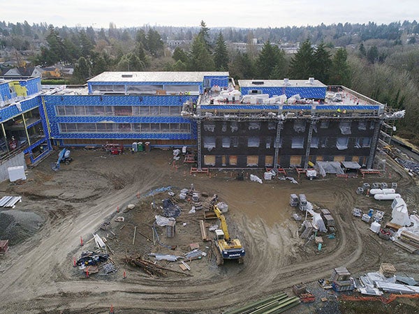 aerial view of a very large building under construction