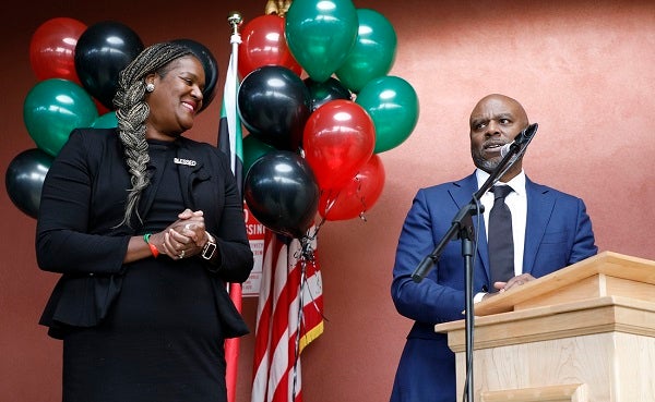 Superintendent Jones and Dr. Keisha Scarlett at a podium