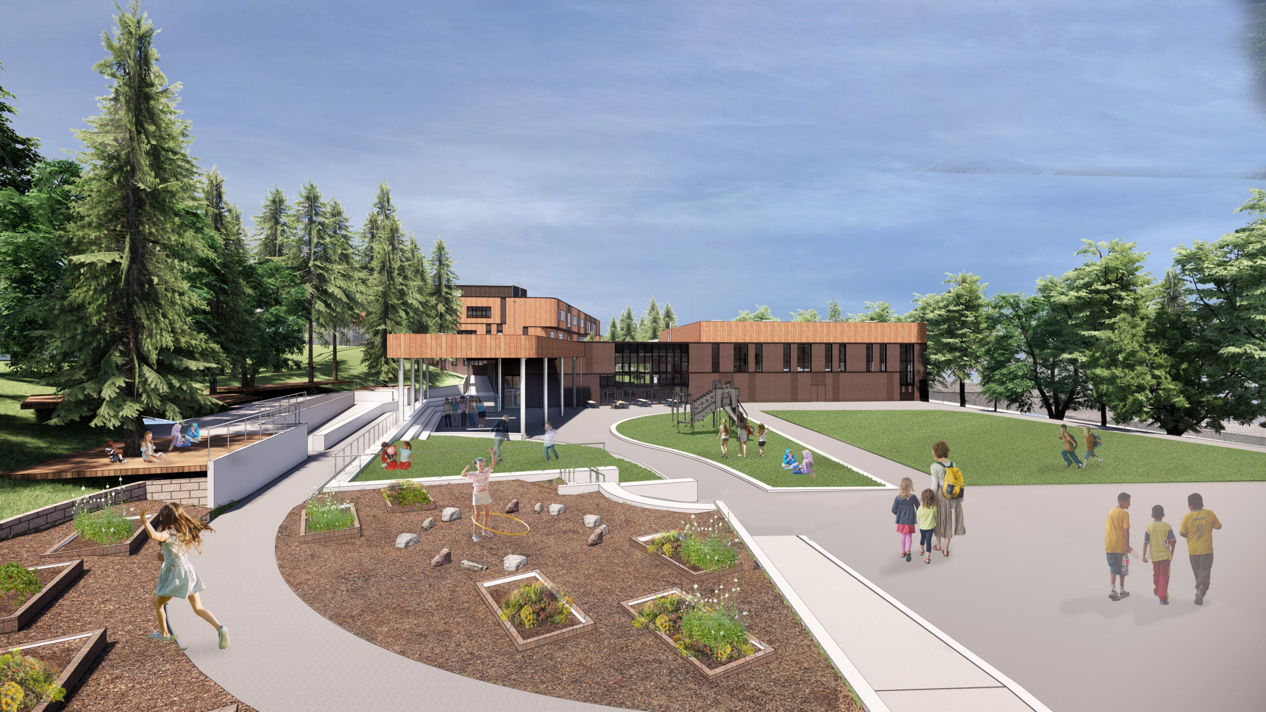 architect drawing of a play fied in front of a school with some planting beds and play equipment