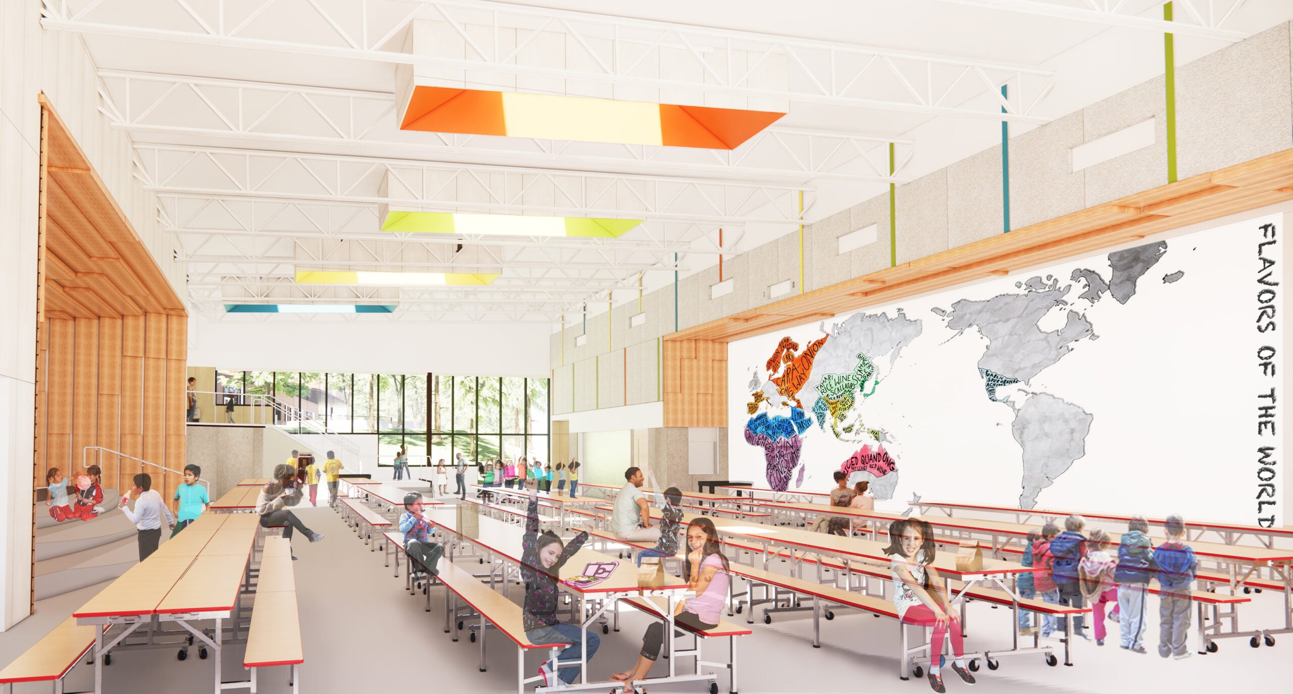 drawing of a school lunchroom