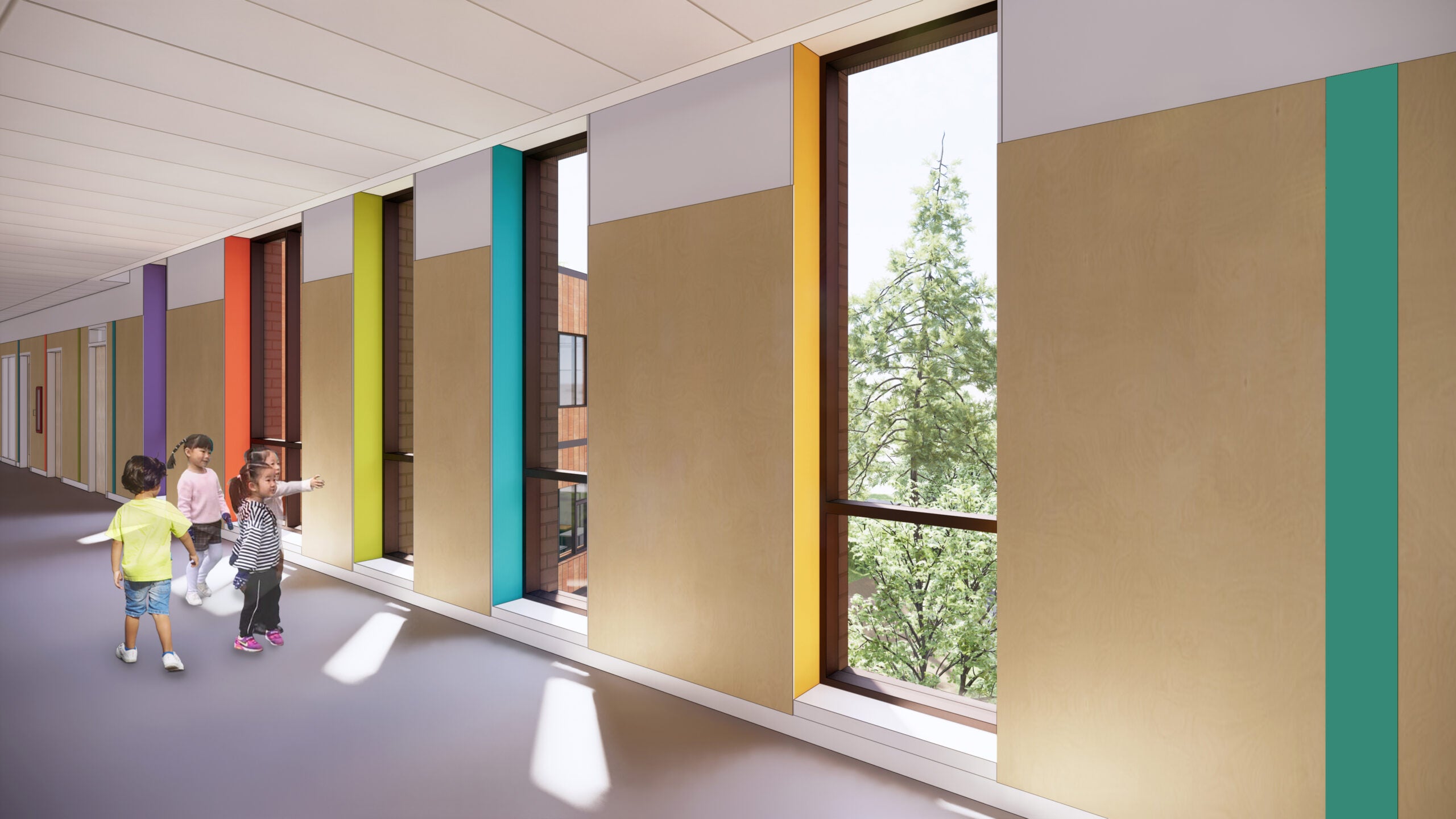 hallway drawing with windows that have bright colors in the window frames
