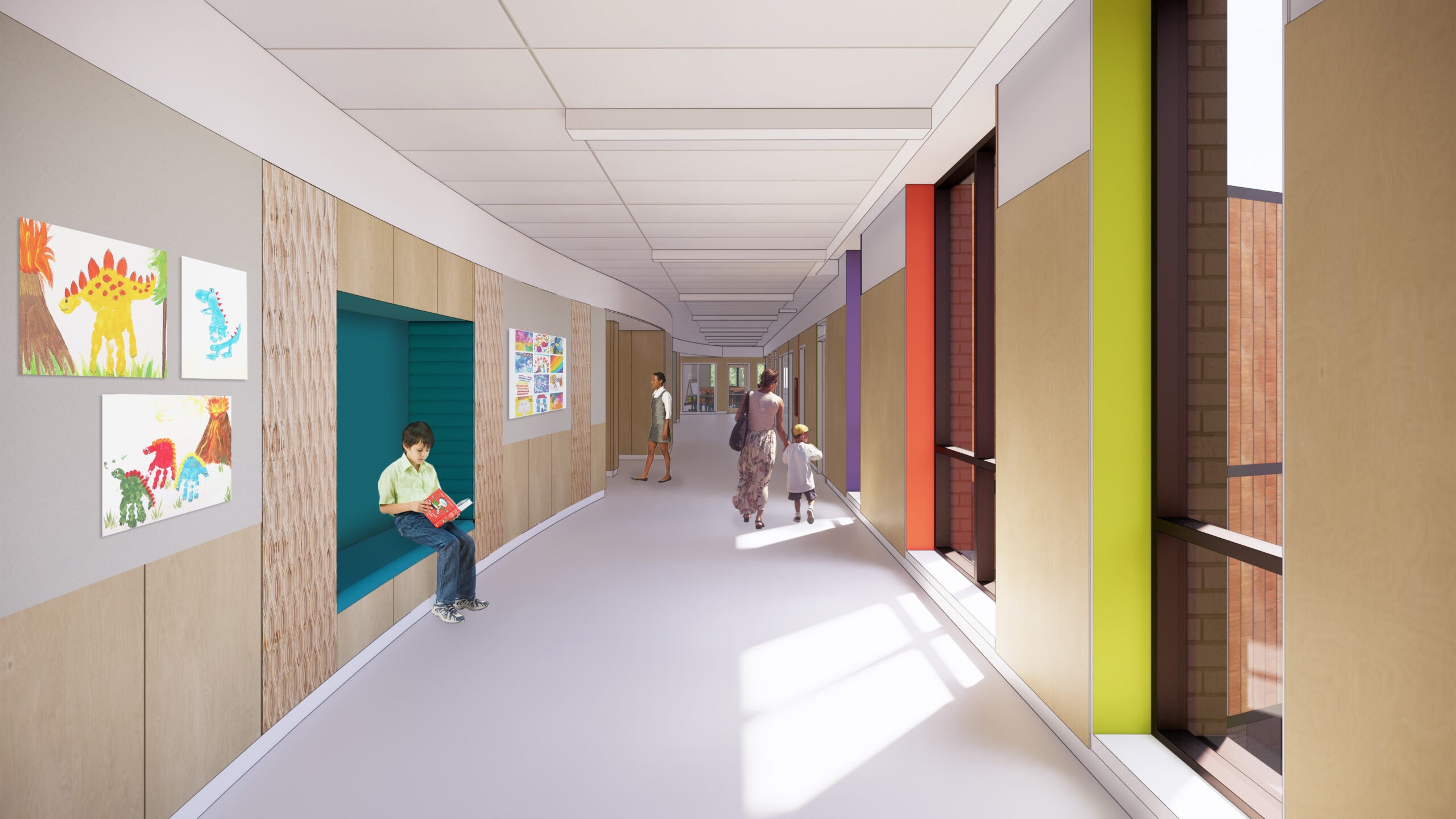 a hallway with a seating nook that is colored green 