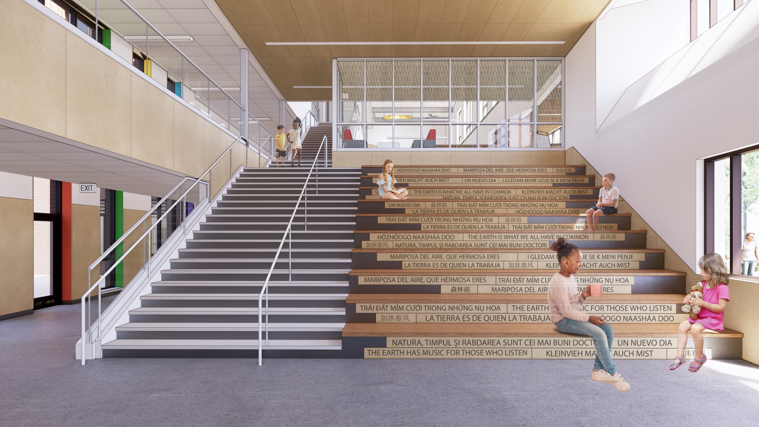 a learning stair with wood large steps for seating and a concrete stair for walking up and down