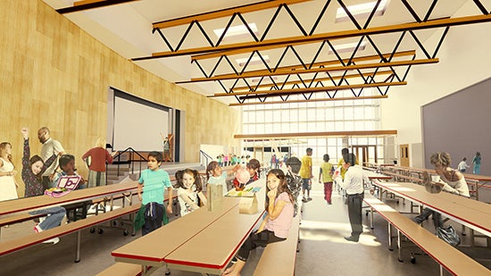 architect drawing of a school lunchroom