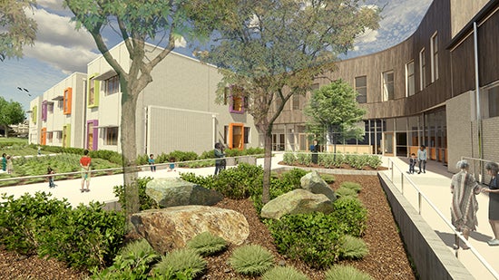 exterior drawing of a large building that wraps around a grove of trees