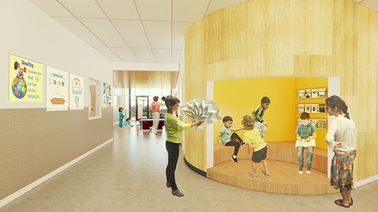 drawing of a hallway with a rounded wall that has a nook in it