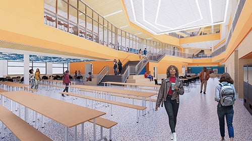 drawing of dining commons with lunch tables