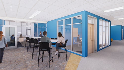 drawing of a small group area with a room next to it that has blue walls