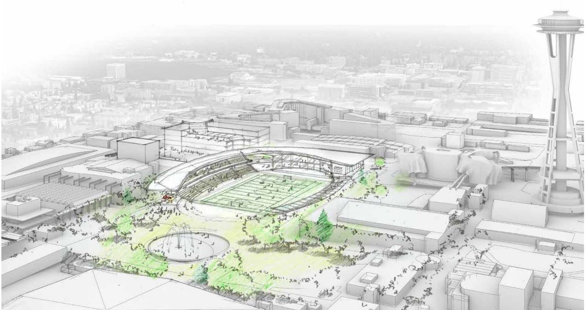 a drawing of the existing seattle center in black and gray with the area of memorial stadium rendered as a design concept with wrap around grandstands and an opening toward the fountain near the stadium
