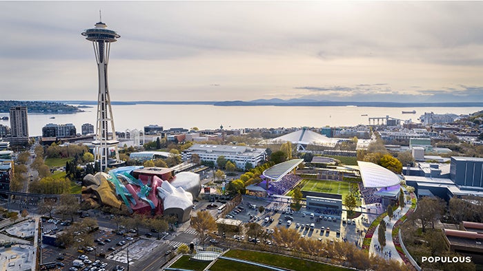 photograph of Seattle Center with multiple public buildings in the foreground and an expanse of water in the background - a double sided stadium has been digitally added with an athletic field