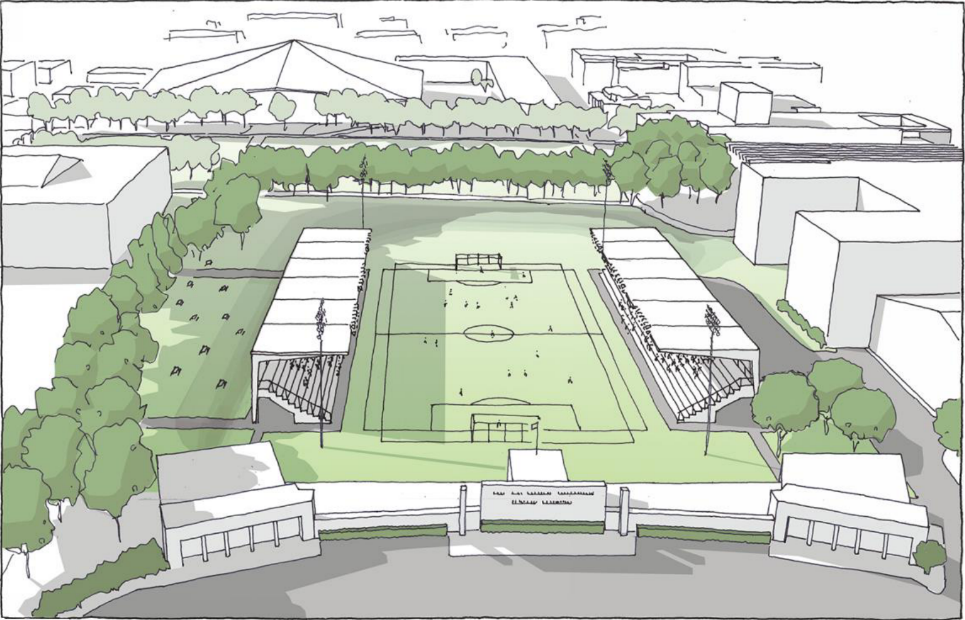 architect drawing of a large green sports field with covered seating in tiers on both sides set within a larger area with trees and a gated entrance