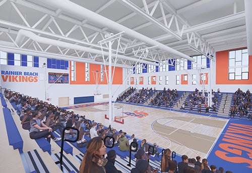 drawing of a gym with bleachers and orange and blue accents