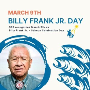 Photo of Billy Frank, Jr. announcing Billy Frank, Jr. Day at Seattle Public Schools