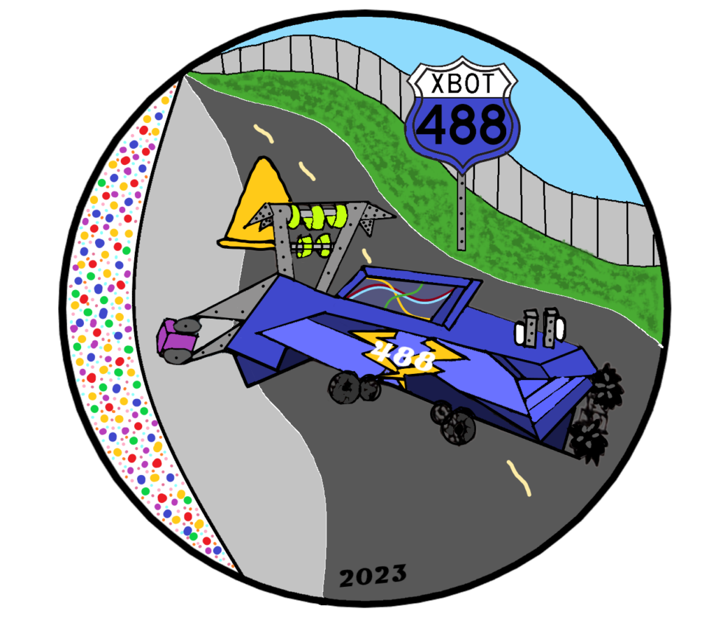 Image of a robot on a road with sign stating XBOT 488 in upper right
