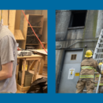 Sequence of six photos of students in CTE classes framed in blue. Images from left to right: construction (students working on a tiny home), maritime (students aboard a boat), construction (student working on a table), firefighting (students climbing and holding ladder), culinary (student and teacher cutting meat), advanced manufacturing (student creating holes in metal)