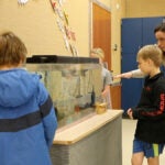 A teacher and four students gather to talk about the salmon by a school fish tank.