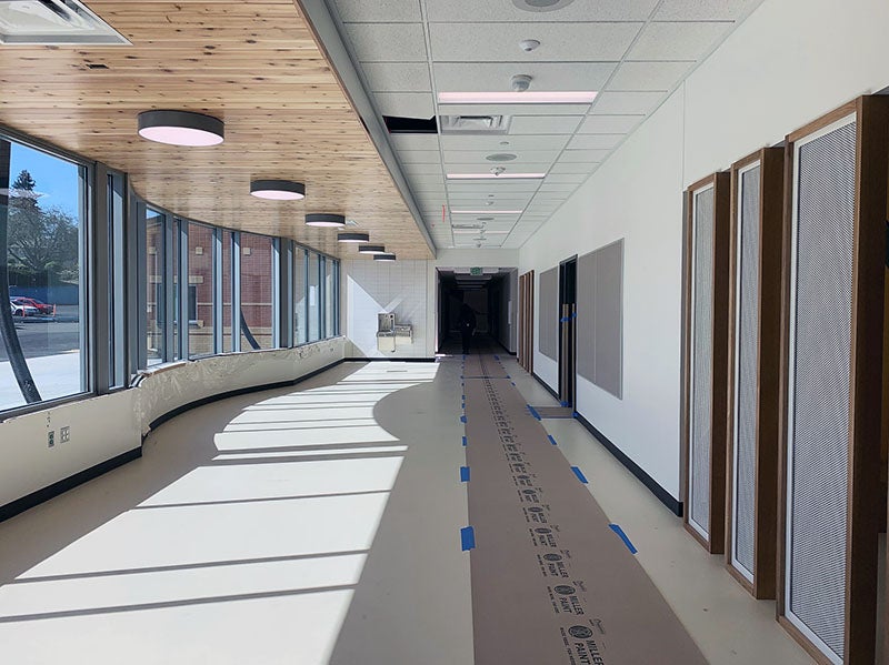 a hallway has a purple wall on the right side and doors and windows on the left. a cream colored floor is installed with protective pathways installed on top