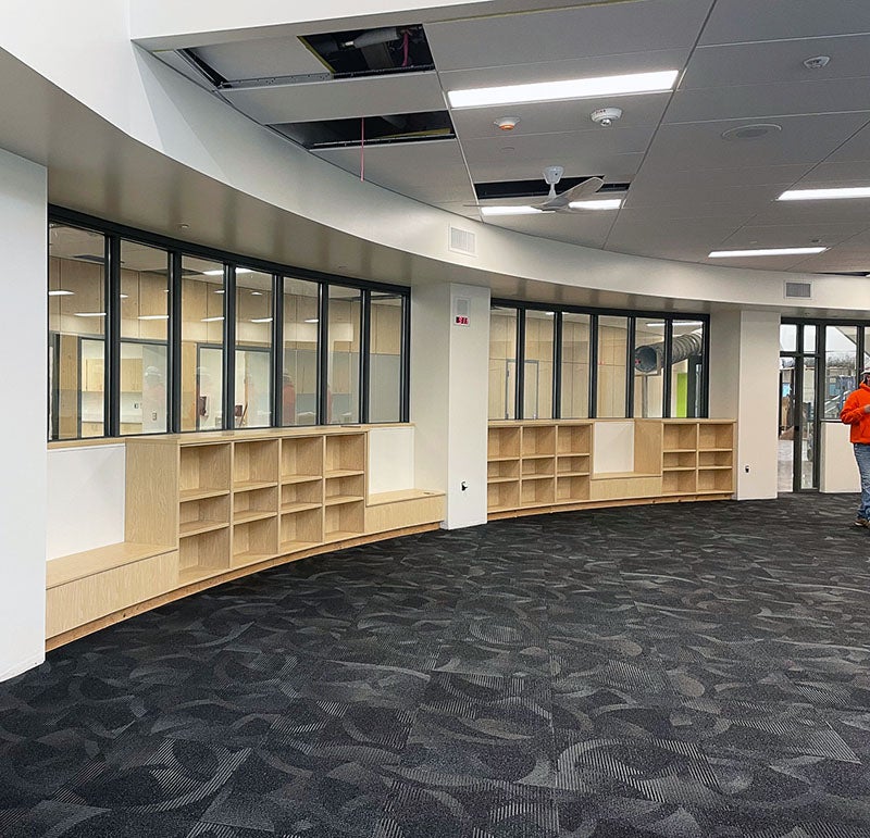 a curved wall with windows has bookshelves below the windows