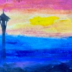 Student artwork with colorful background with Space Needle