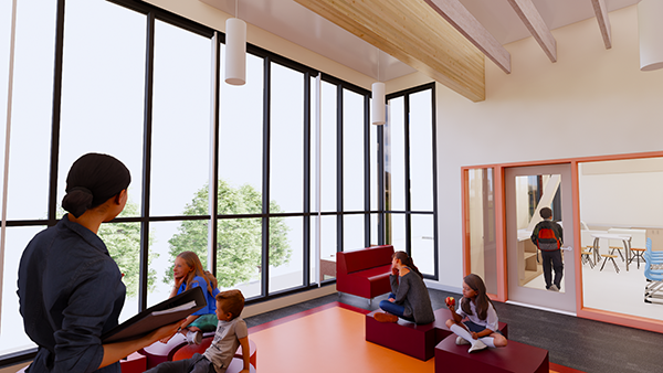 architect drawing of people sitting in front of a wall of windows