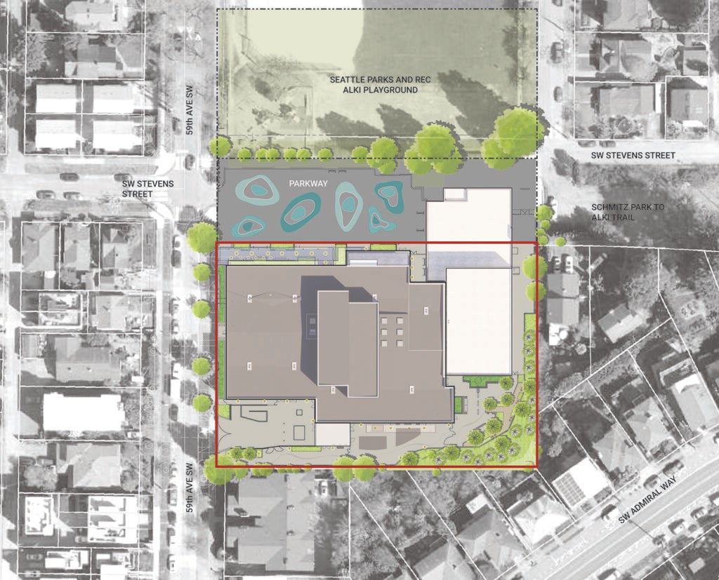 site plan drawing with a red line around the property line
