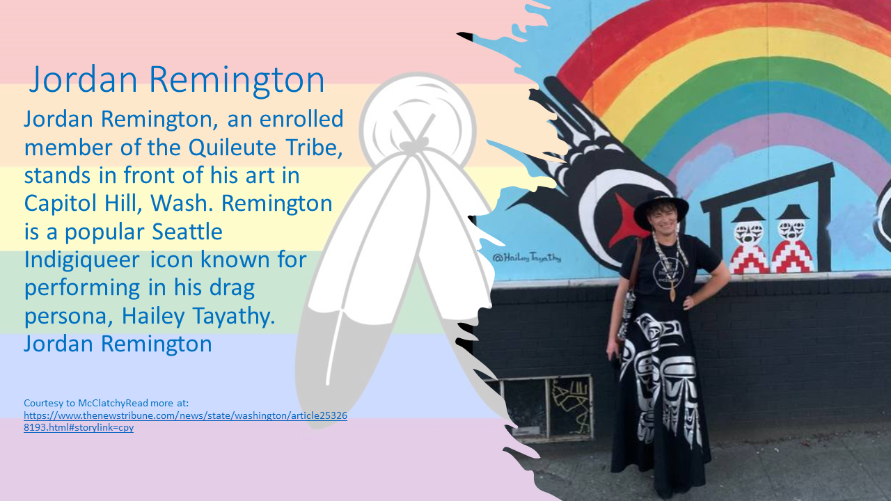 Jordan Remington, an enrolled member of the Quileute Tribe, stands in front of his art in Capitol Hill, Wash. Remington is a popular Seattle Indigiqueer icon known for performing in his drag persona, Hailey Tayathy. Jordan Remington 
