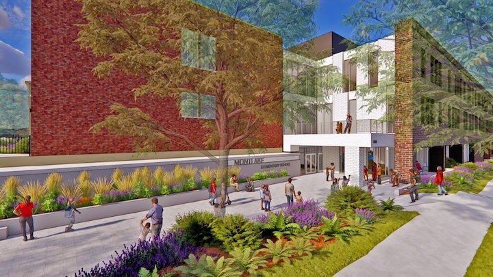 architect's drawing of a brick building with a side walk and garden