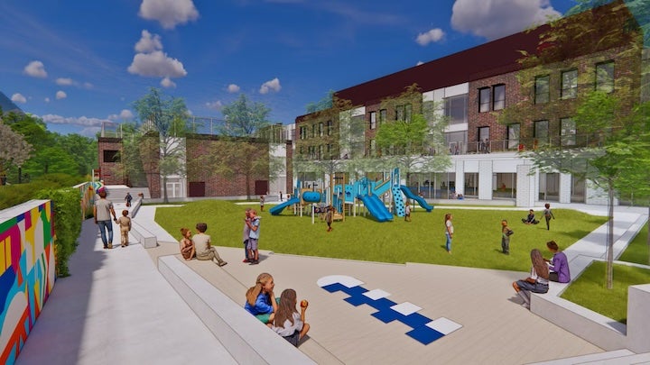 architect's drawing of a brick building with a courtyard and playground equipment