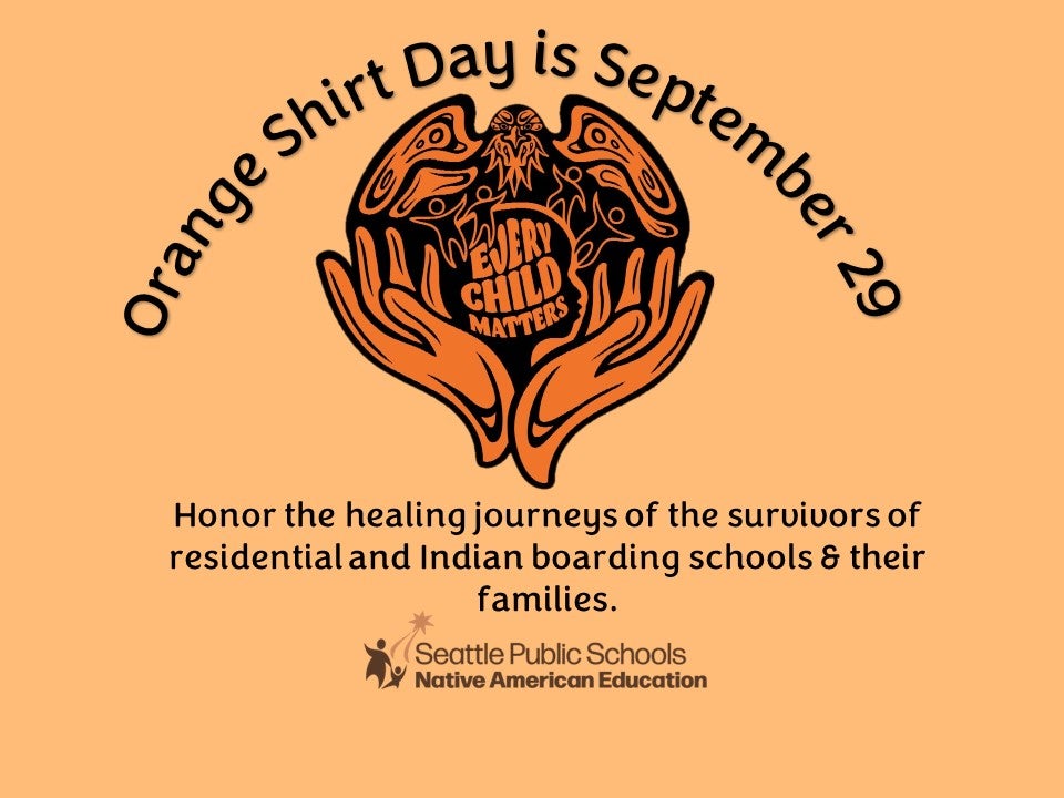 Image and date of 2023 Orange Shirt Day logo and text explaining the purpose of Orange Shirt Day, September 29
