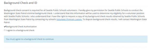 SPS volunteer portal screen shot showing the background check authorization question 