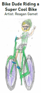 Dude with glasses, hat, and hand in a peace sign rides a green and purple bike.