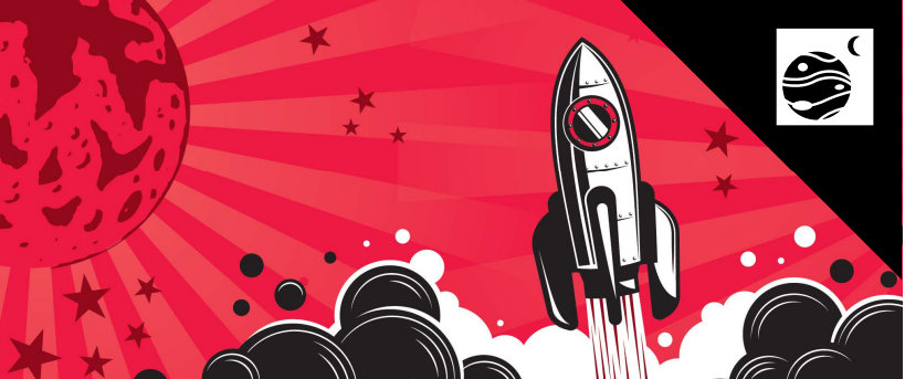 Red and black rocket taking off with planets and stars in background