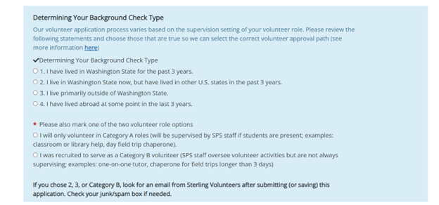 SPS volunteer portal page screen shot about choosing your background check level