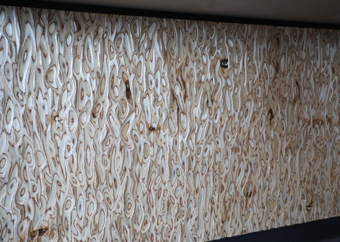 a wood wall has texture carved into it