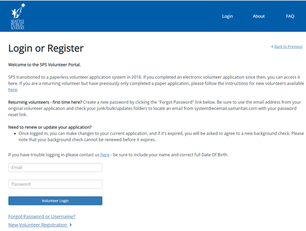 Screen shot of the login page for the SPS volunteer portal