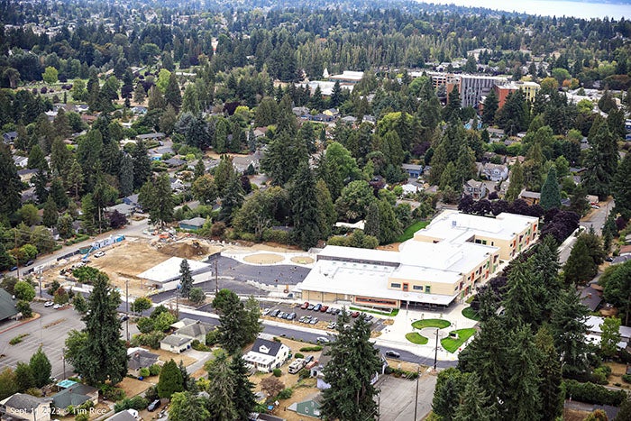 high angle view of a large building and trees