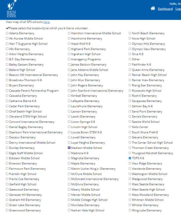 Screenshot of a volunteer portal page - list of all SPS schools
