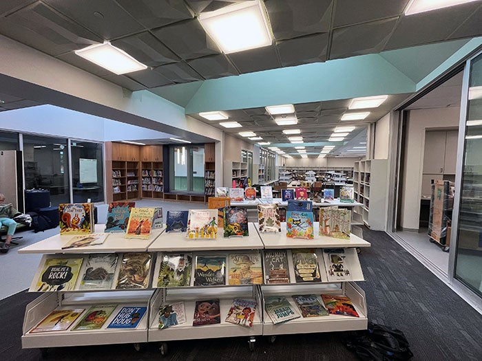 a library with books on shelves