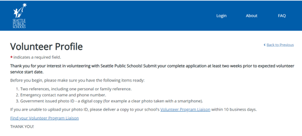 Screenshot of the volunteer application page